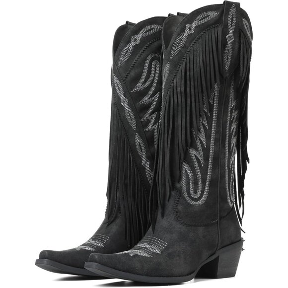 Women's Black Fringe Knee High Cowgirl Western Boots with Embroidery Pointed Toe - Picture 2 of 6
